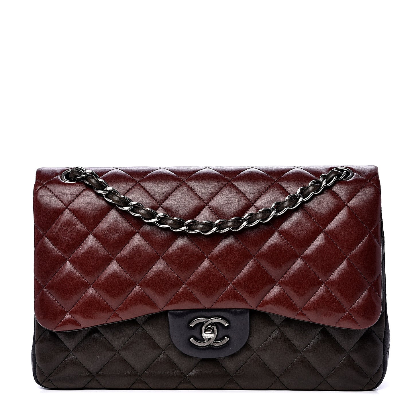 Lambskin Quilted Jumbo Tri-Color Double Flap Burgundy