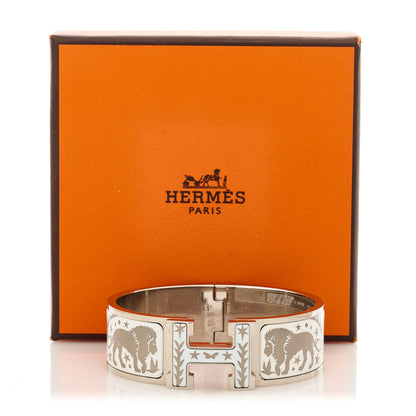 Hermes Enamel Wide Printed Sous Le Charme D Orphee Clic Clac H Bracelet Platinum White 5 of 5