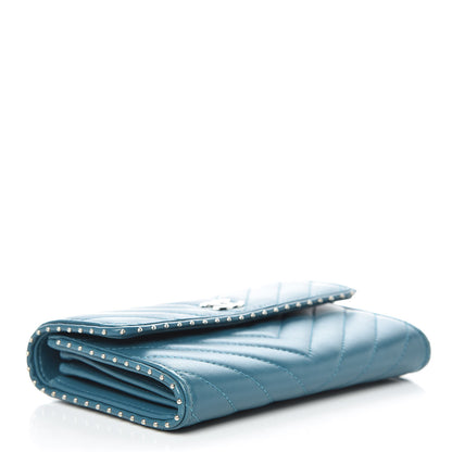 Chanel Lambskin Chevron Quilted Studded Small Flap Wallet Teal 4 of 13