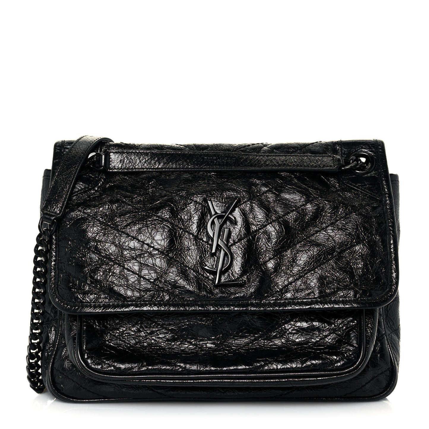 Crinkled Calfskin Matelasse Monogram Medium Niki Chain Satchel Black