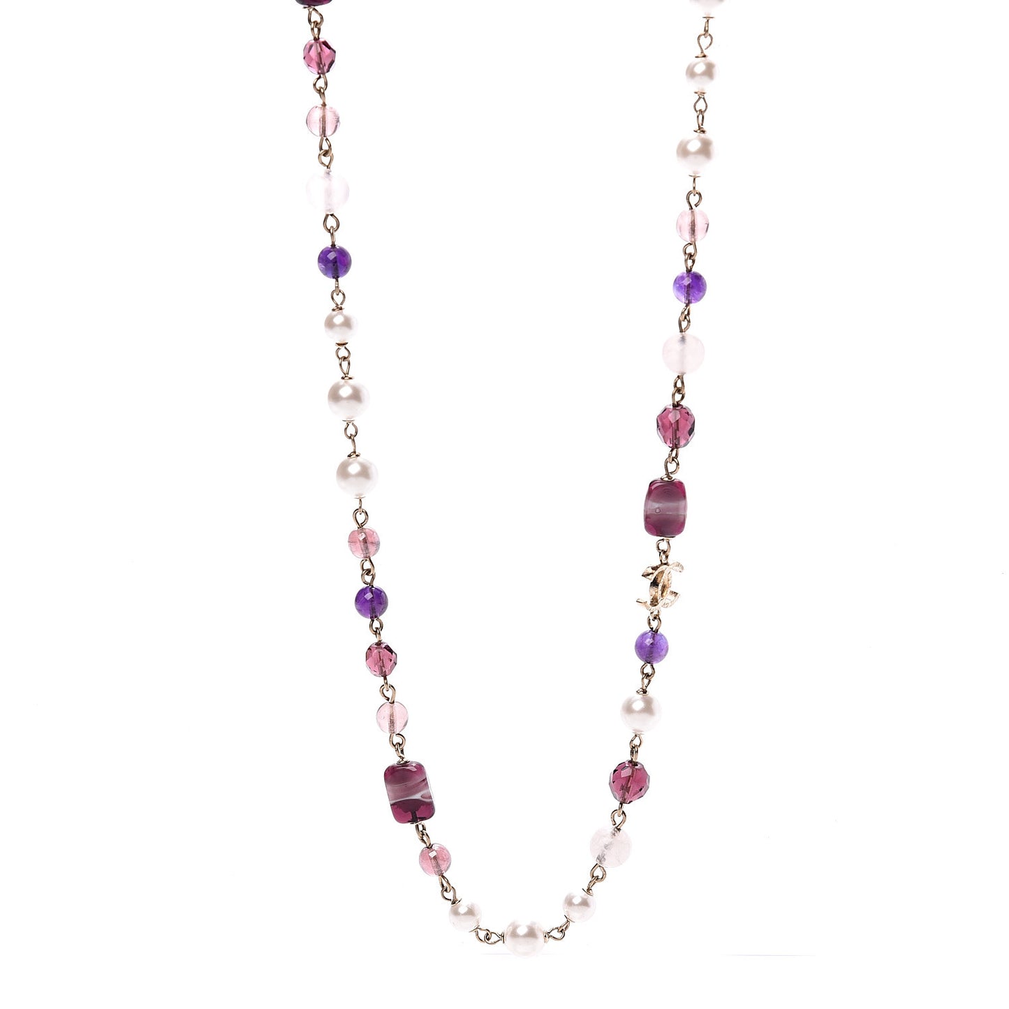 Pearl Beaded Enamel CC Long Necklace Gold Purple
