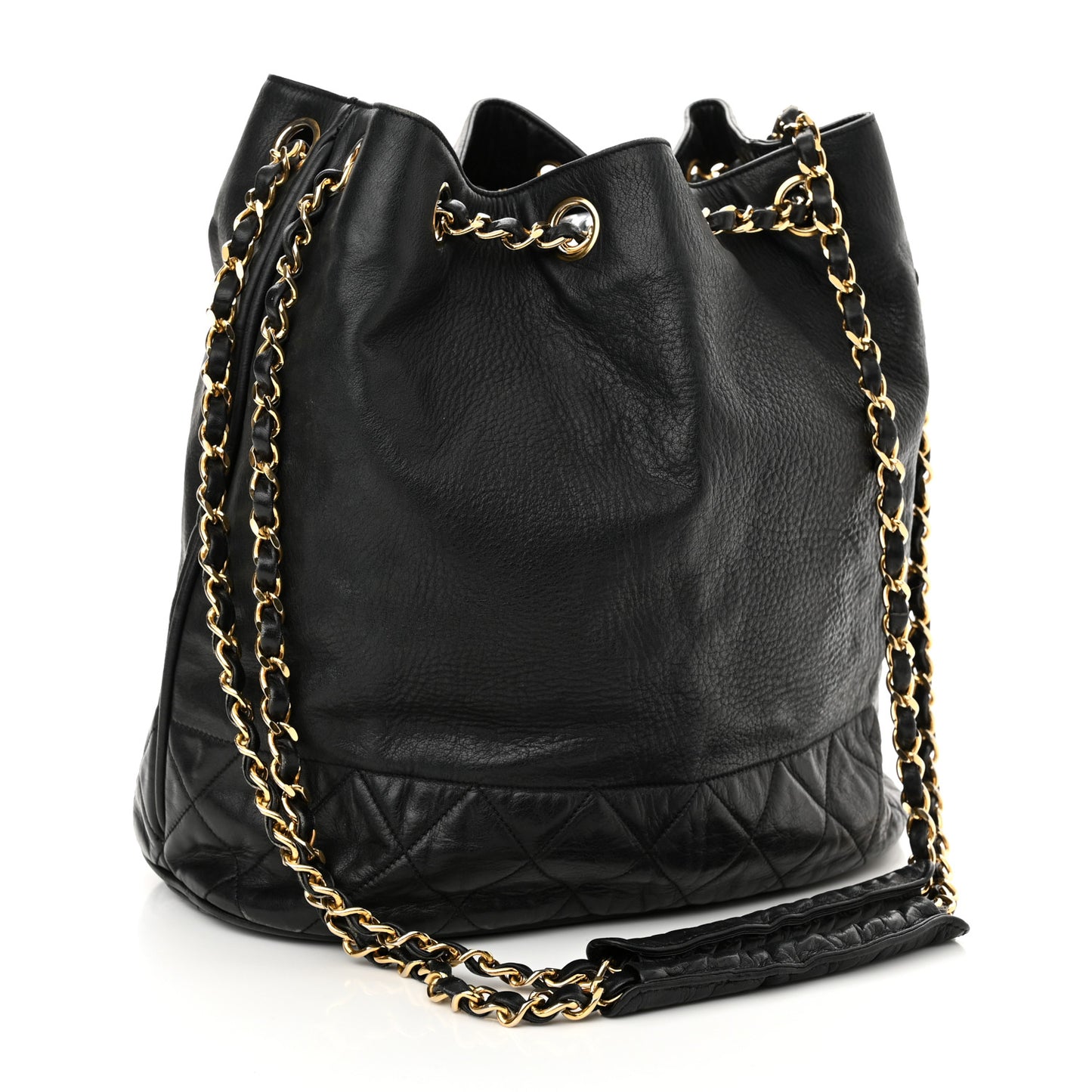 Grained Calfskin Lambskin Quilted Drawstring Bucket Bag Black