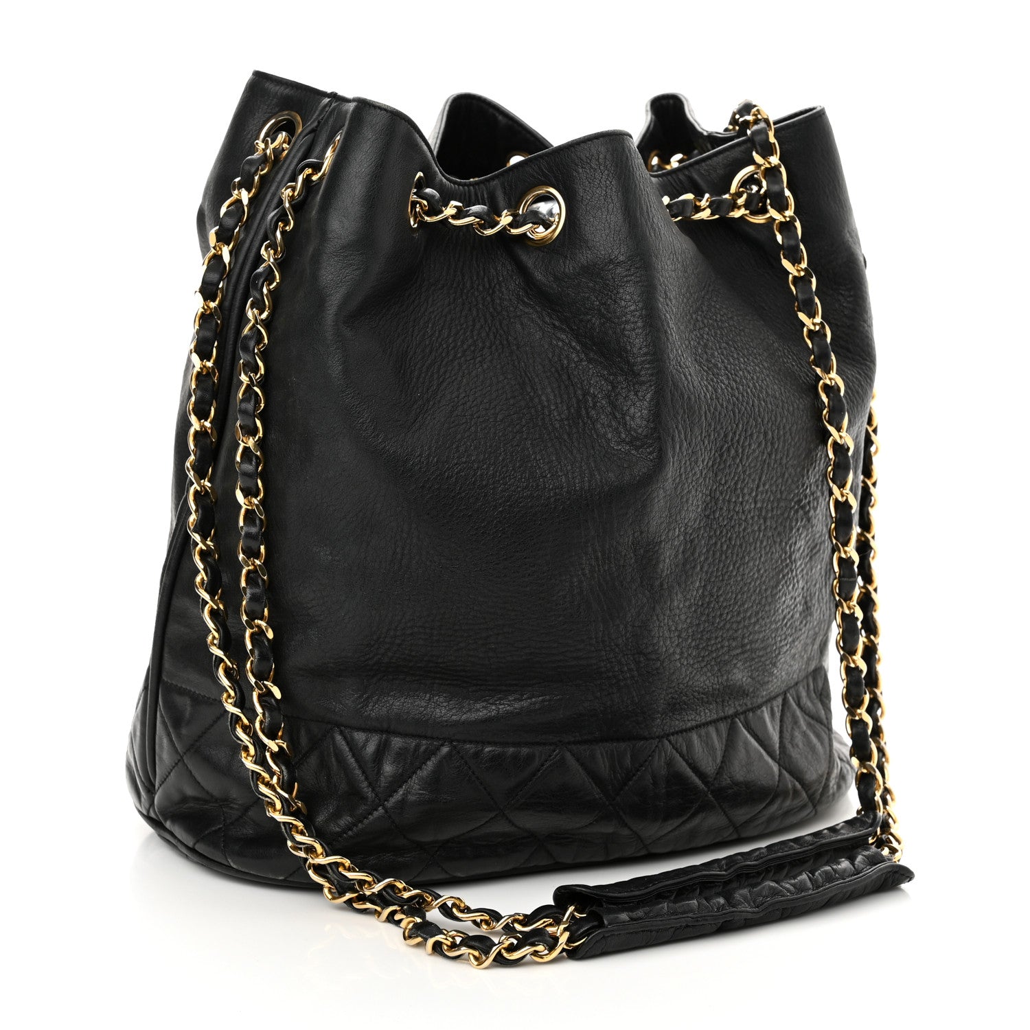 Chanel Grained Calfskin Lambskin Quilted Drawstring Bucket Bag Black 4 of 11