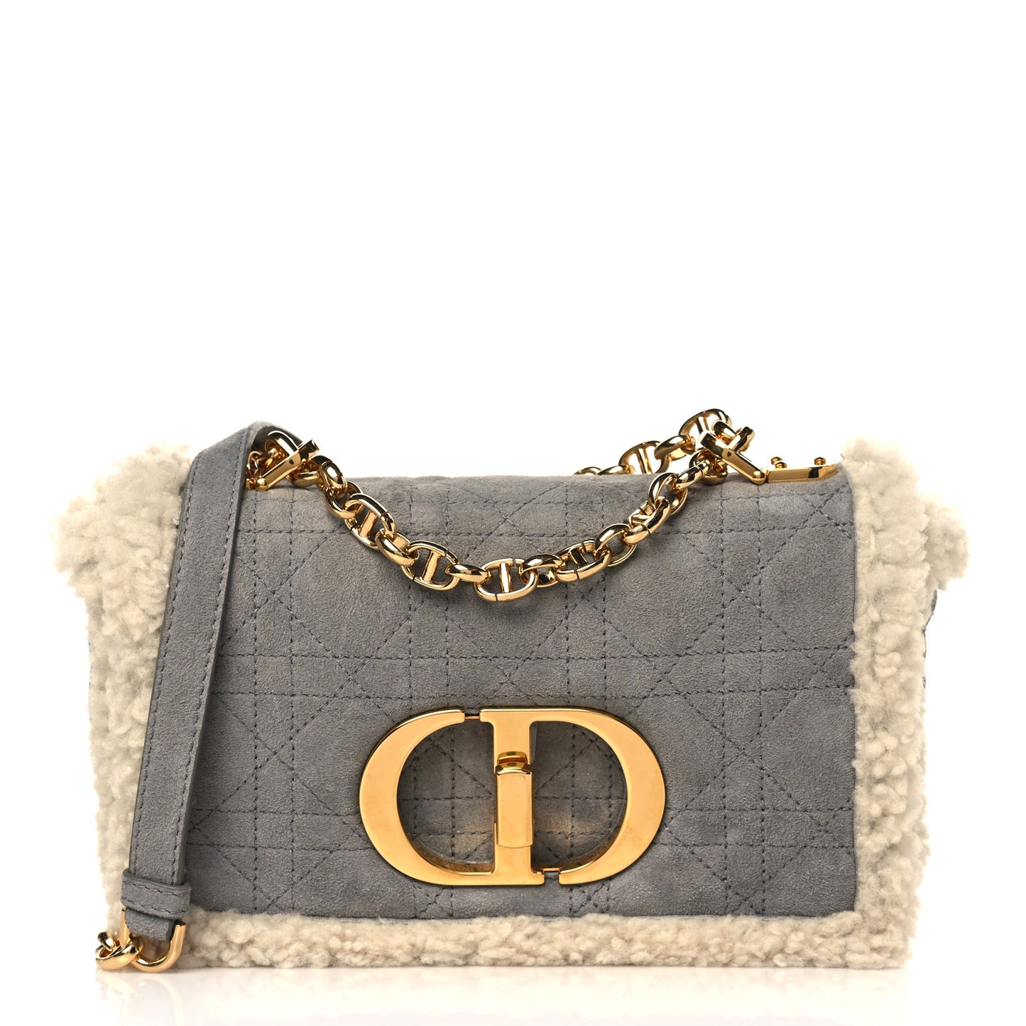 Shearling Sheepskin Wool Cannage Small Caro Bag Gray