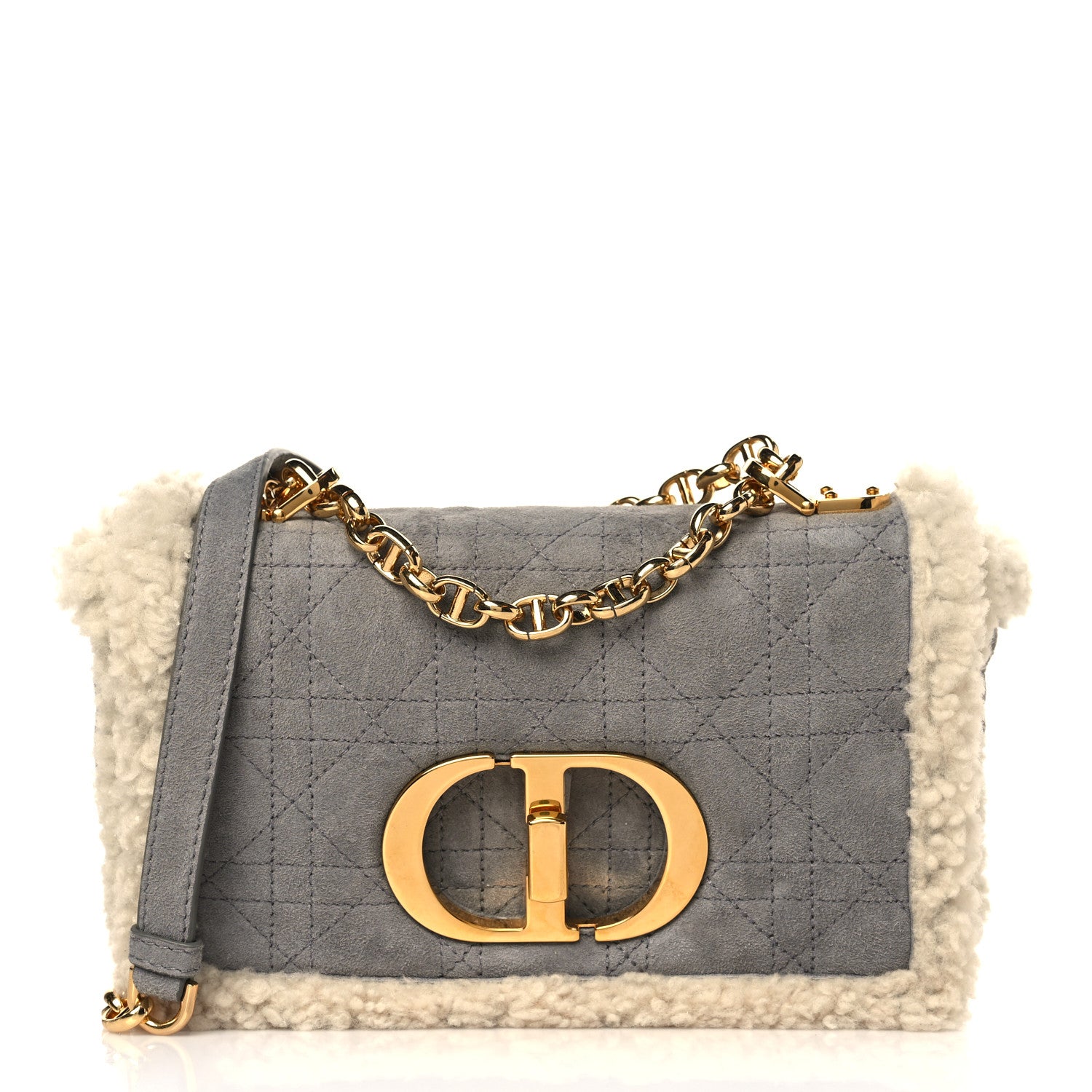 Christian Dior Shearling Sheepskin Wool Cannage Small Caro Bag Gray 1 of 8