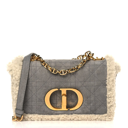 Christian Dior Shearling Sheepskin Wool Cannage Small Caro Bag Gray 1 of 8