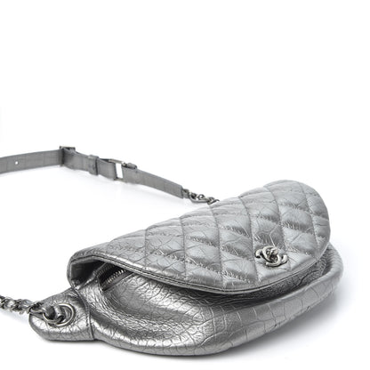Chanel Metallic Calfskin Crocodile Embossed Quilted Easy Trip Waist Bag Fanny Pack Silver 3 of 9