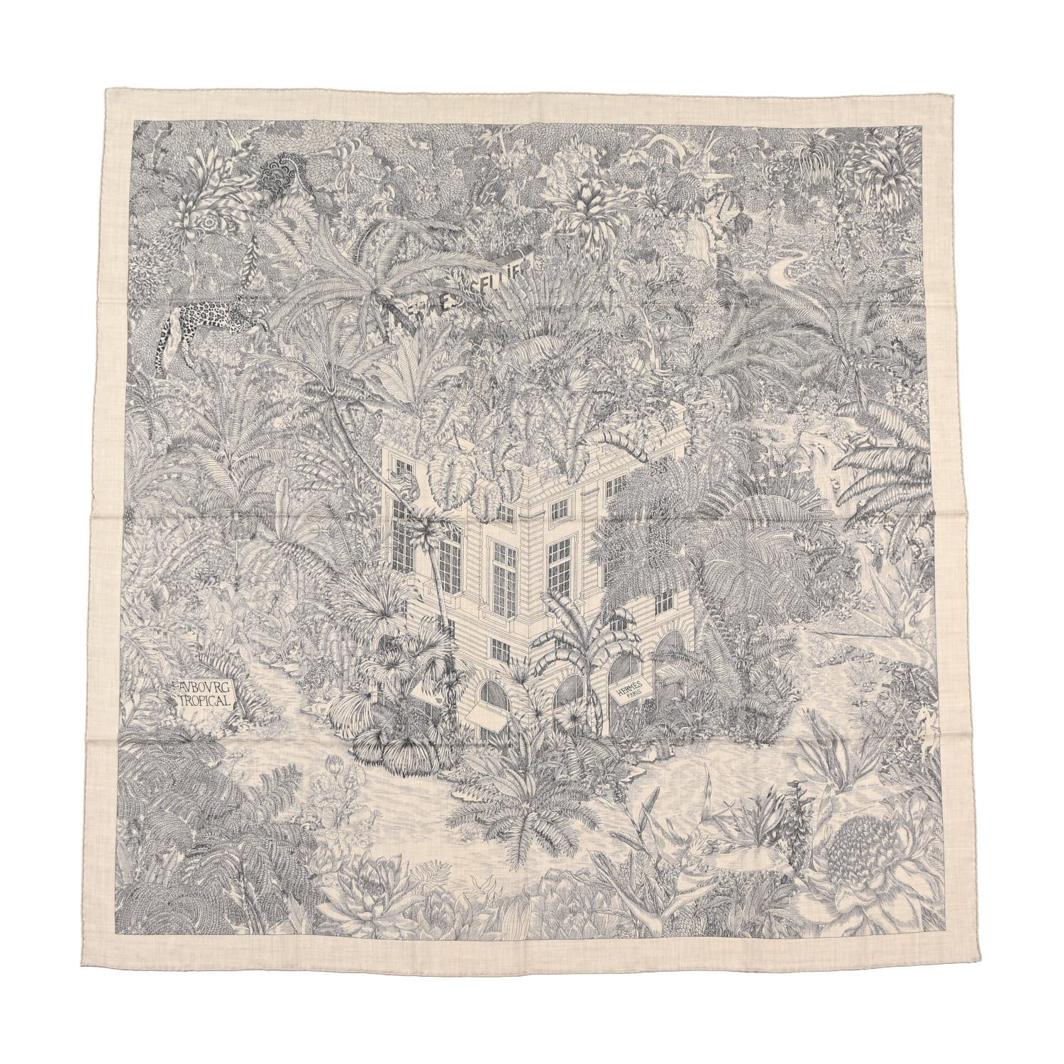 Hermes Cashmere Silk Faubourg Tropical Shawl 140 Naturel Gris Anthracite 1 of 5