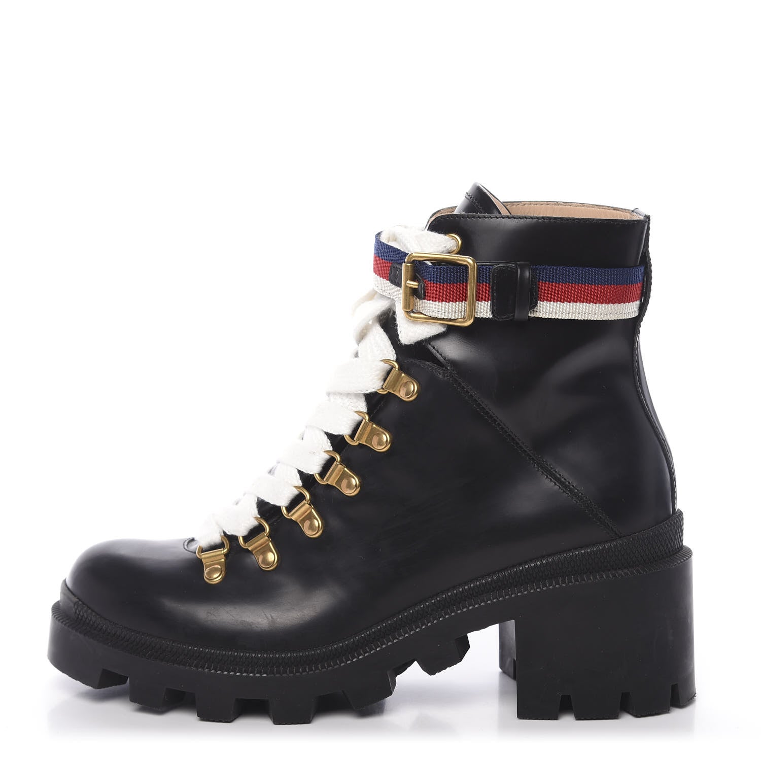 Gucci Calfskin Womens Sylvie Web Lace Up Combat Boots 37 Black 1 of 10