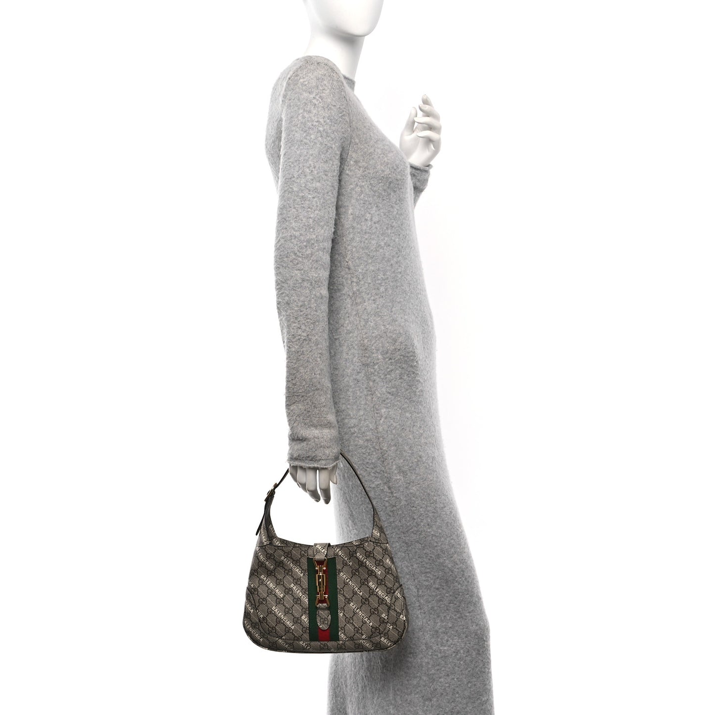 X BALENCIAGA GG Supreme Monogram Striped Logo Print Web Small Jackie 1961 Hobo Beige Ebony Mystic White
