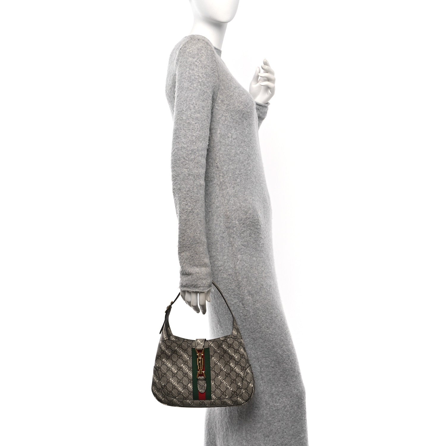 Gucci X BALENCIAGA GG Supreme Monogram Striped Logo Print Web Small Jackie 1961 Hobo Beige Ebony Mystic White 2 of 10