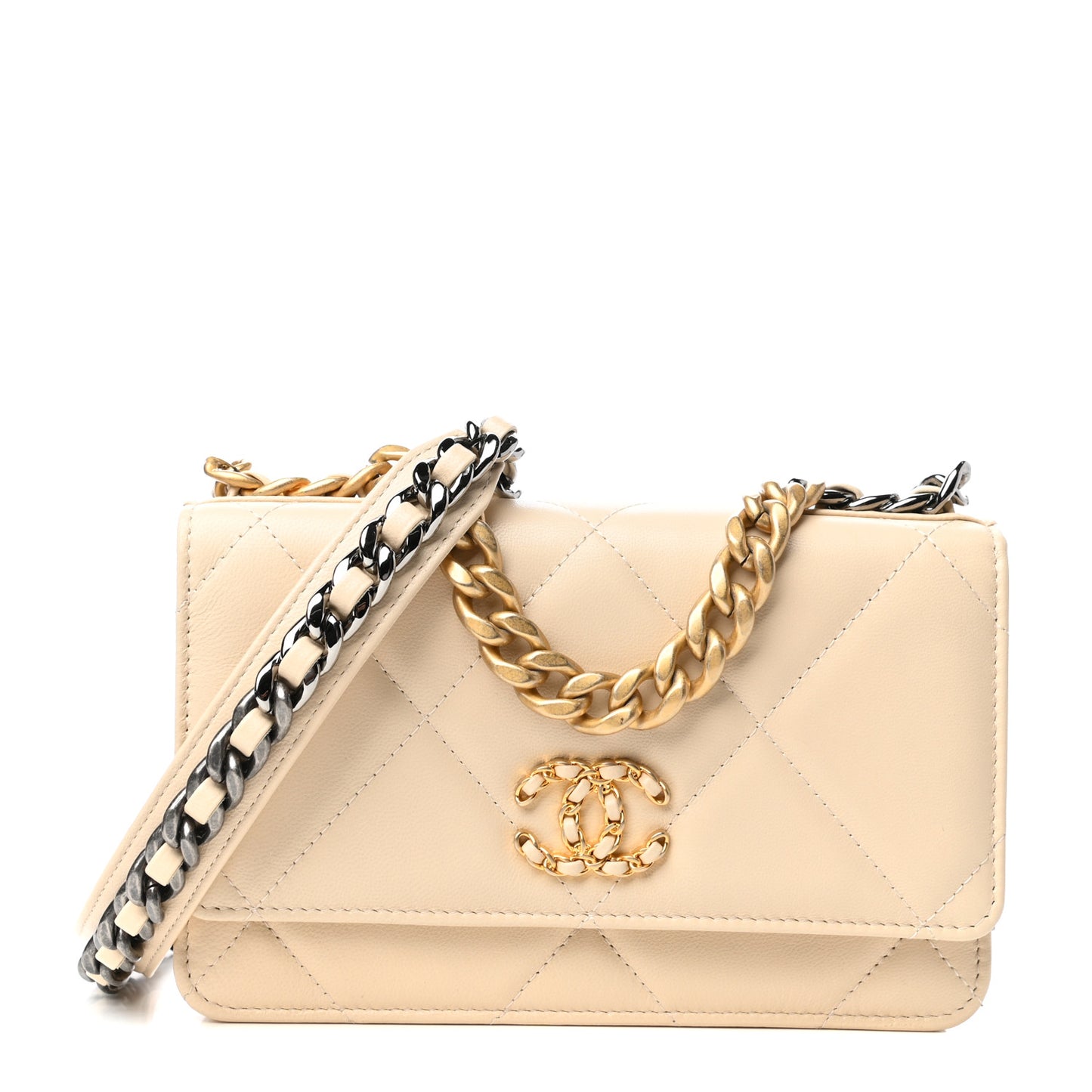 Goatskin Quilted Chanel 19 Wallet On Chain WOC Light Beige
