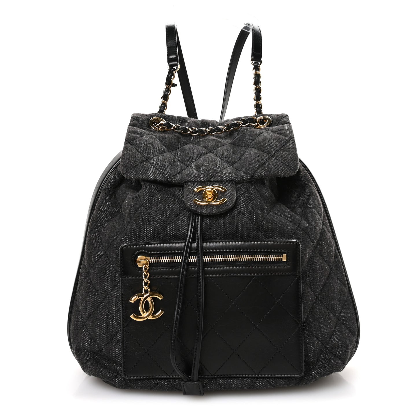 Denim Calfskin Quilted Backpack Dark Grey Black