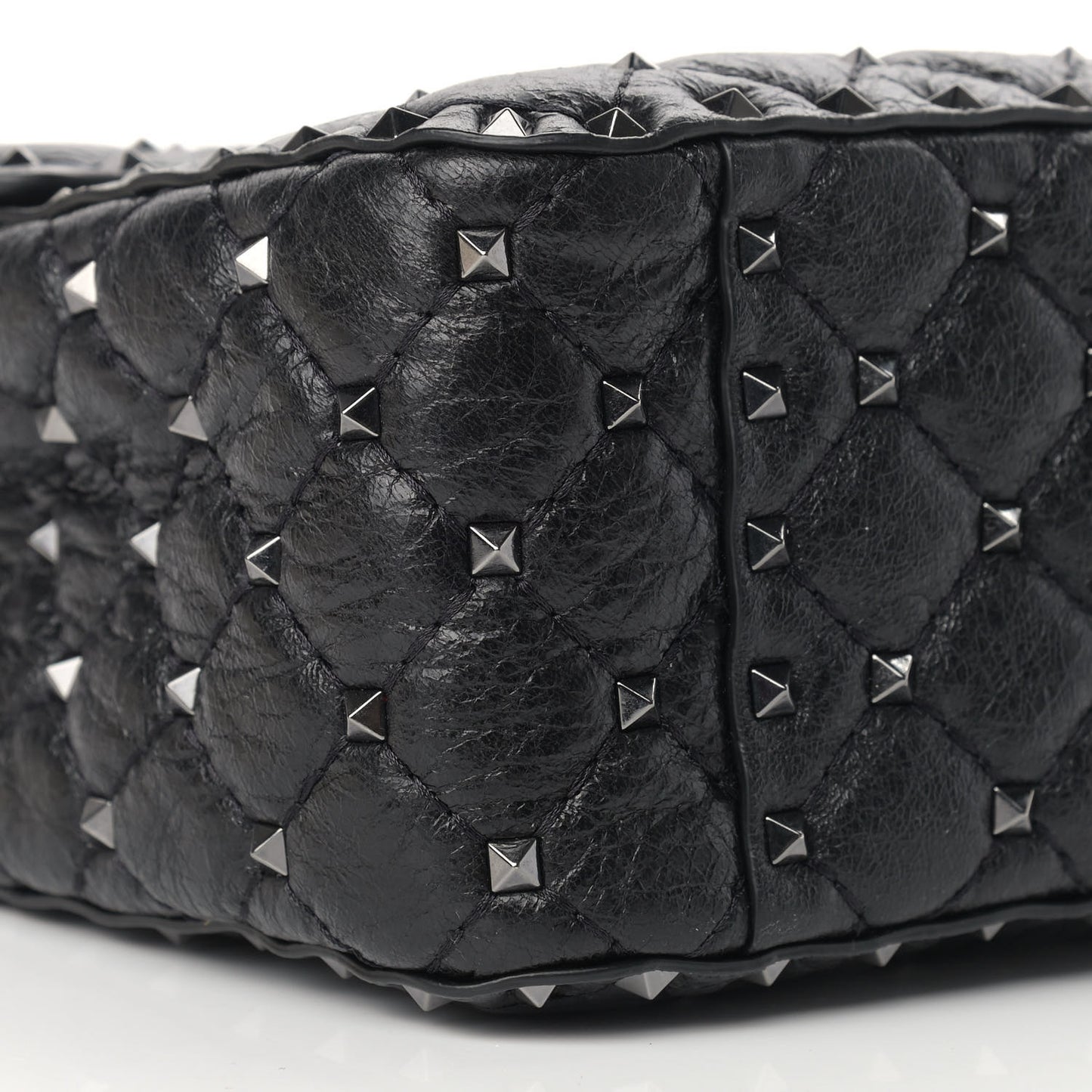 Craquele Nappa Large Rockstud Spike Shoulder Bag Black