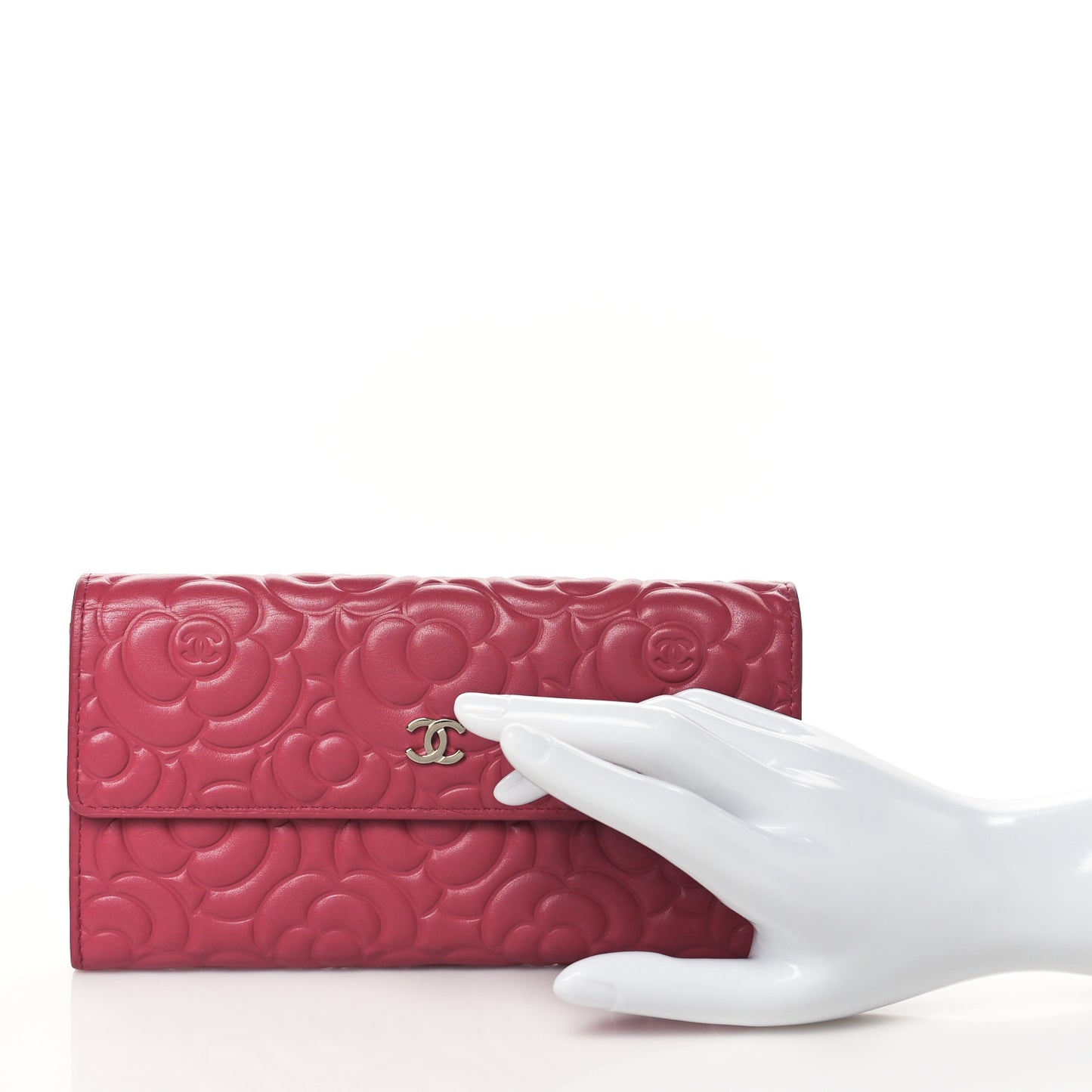 Lambskin Embossed Camellia Large Gusset Flap Wallet Pink