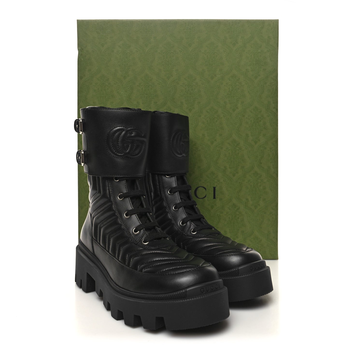 Nappa Frances GG Matelasse Platform Combat Boots 39 Black