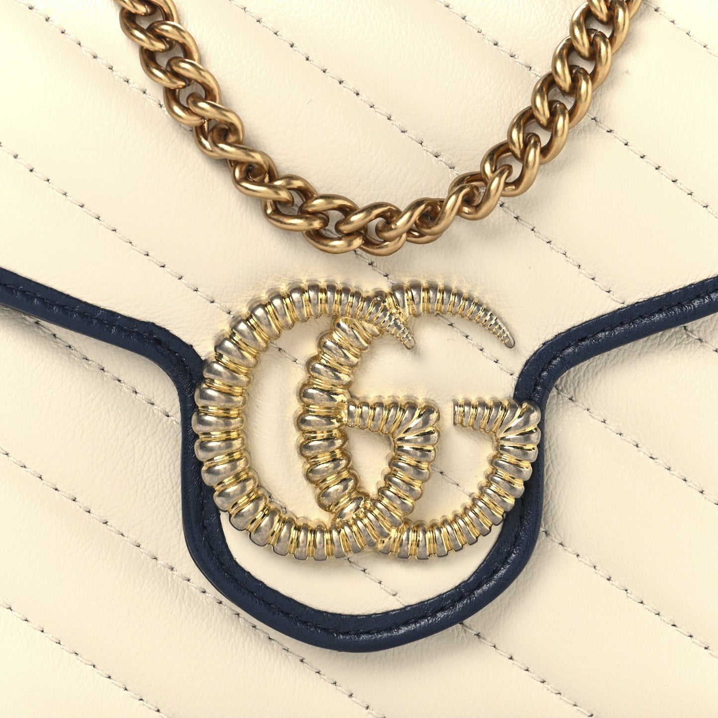Vintage Effect Calfskin Matelasse Diagonal Torchon GG Marmont Chain Wallet Mystic White Blue Agata