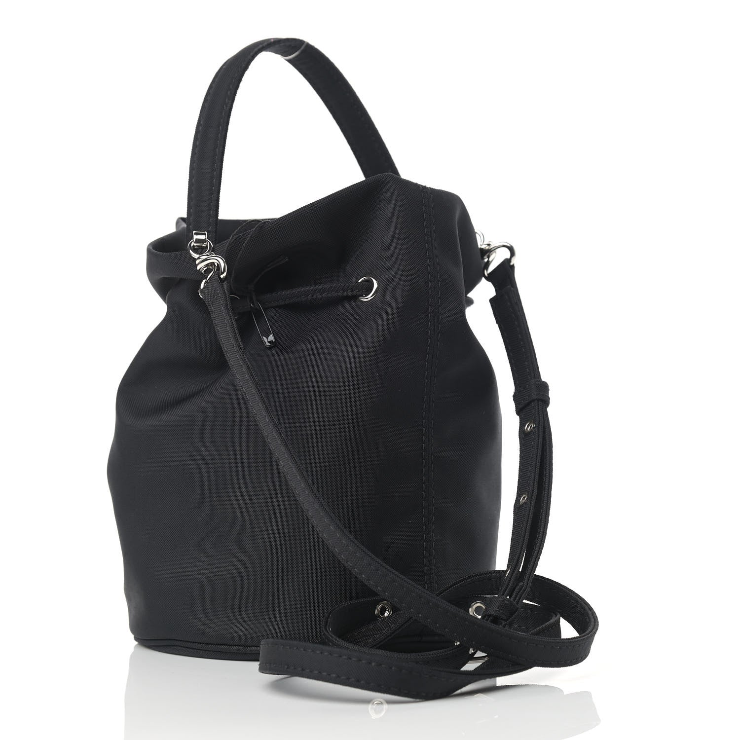 Balenciaga Recycled Sport Nylon Logo Embroidered Wheel Drawstring Bucket Bag Black White 3 of 10