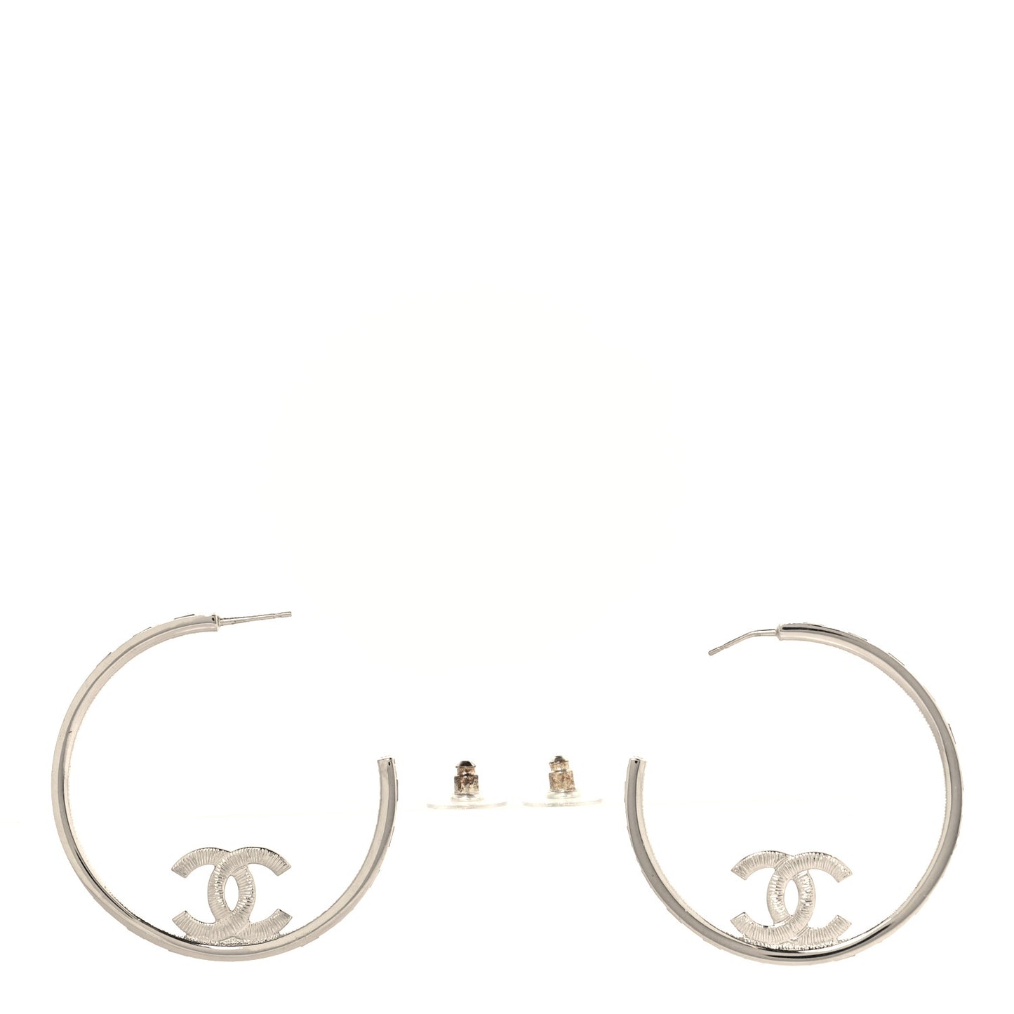 Metal Crystal Baguette CC Large Hoop Earrings Silver
