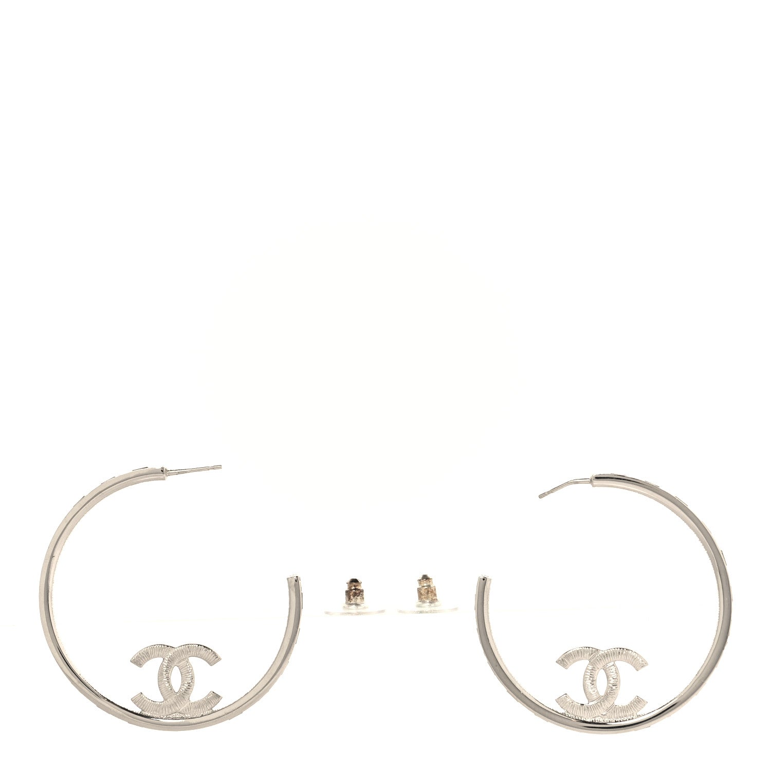 Chanel Metal Crystal Baguette CC Large Hoop Earrings Silver 3 of 4