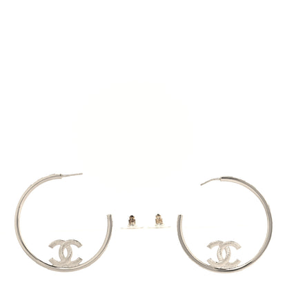 Chanel Metal Crystal Baguette CC Large Hoop Earrings Silver 3 of 4