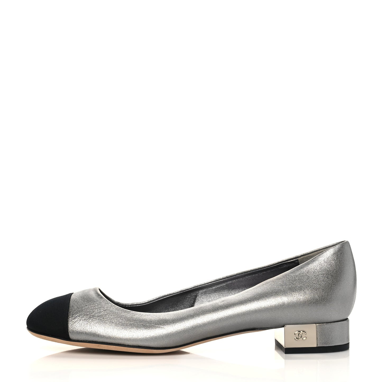 Metallic Calfskin Grosgrain Cap Toe CC Ballerina Flats 40 Silver Black