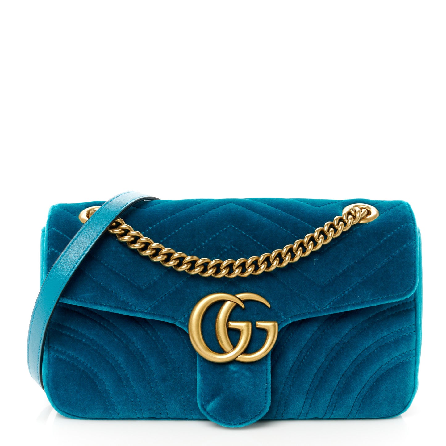 Velvet Matelasse Small GG Marmont Shoulder Bag Pavone Cyan