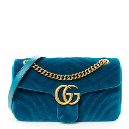 Gucci Velvet Matelasse Small GG Marmont Shoulder Bag Pavone Cyan 1 of 10