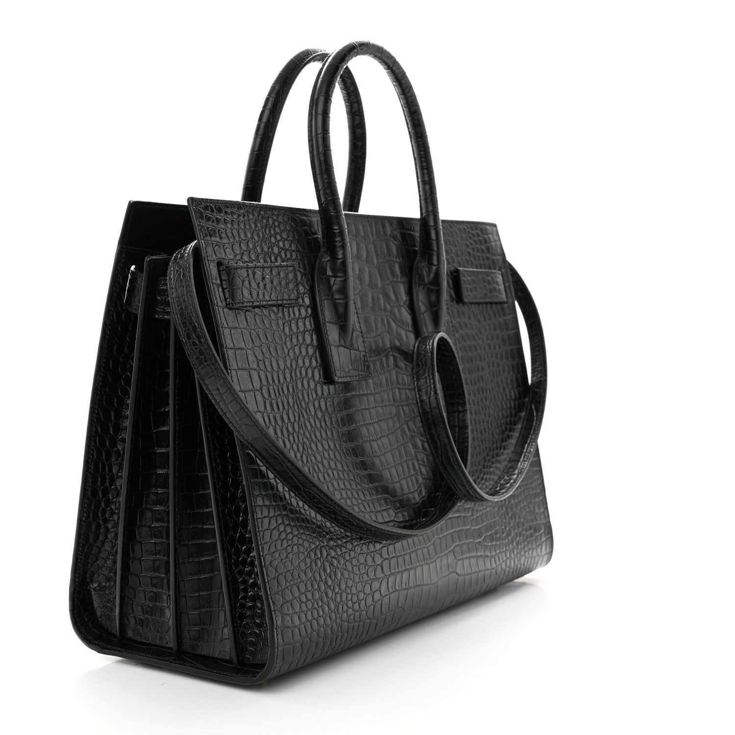 Saint Laurent Calfskin Crocodile Embossed Small Sac de Jour Dusty Black 3 of 11