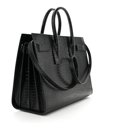 Saint Laurent Calfskin Crocodile Embossed Small Sac de Jour Dusty Black 3 of 11