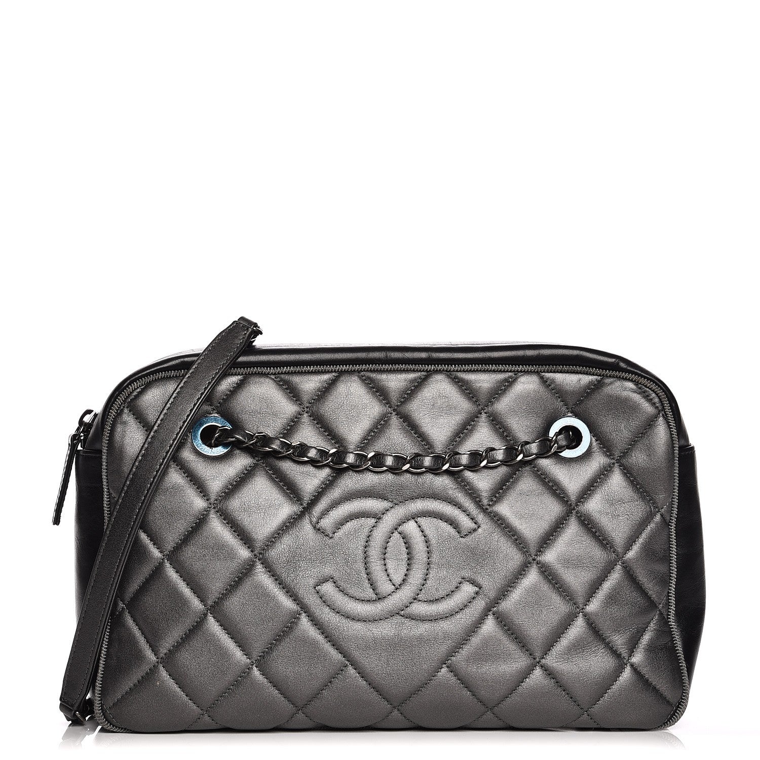 Chanel Metallic Calfskin Quilted Large Ballerine Camera Case Dark Grey Black 1 of 10