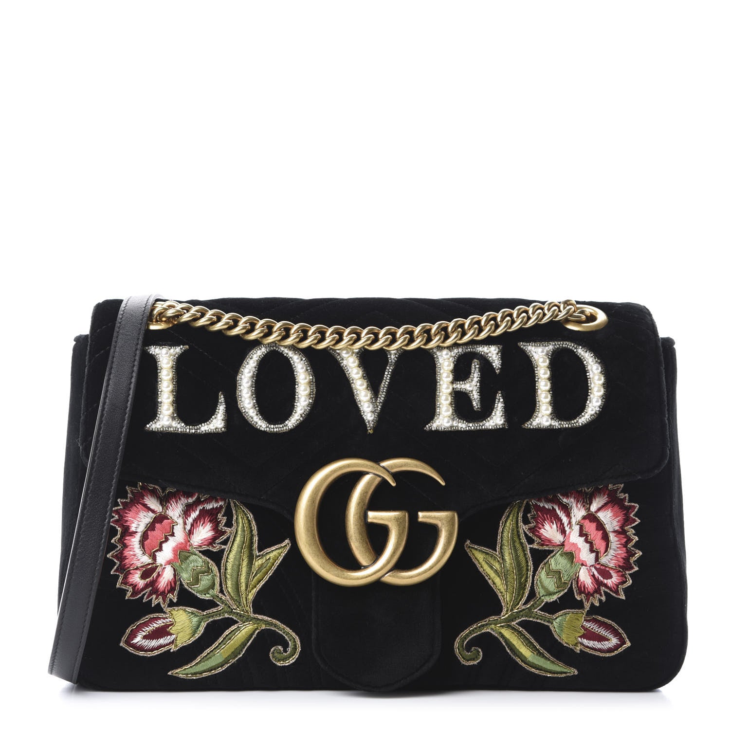 Gucci Velvet Matelasse Loved Embroidered Medium GG Marmont Shoulder Bag Black 1 of 10