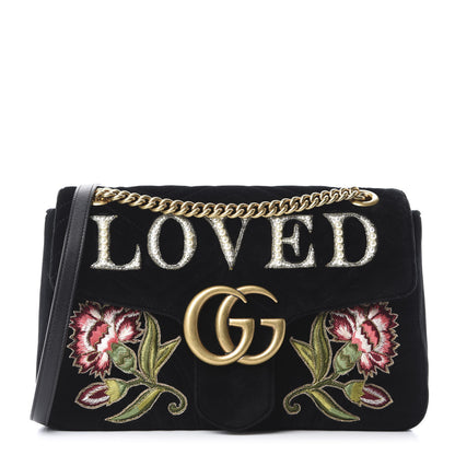 Gucci Velvet Matelasse Loved Embroidered Medium GG Marmont Shoulder Bag Black 1 of 10