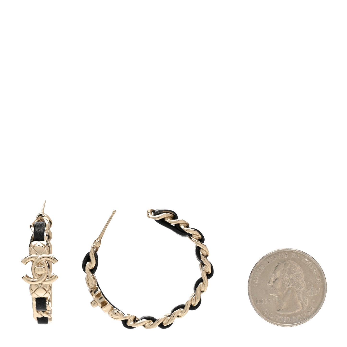 Metal Lambskin Quilted CC Turnlock Chain Hoop Earrings Gold Black