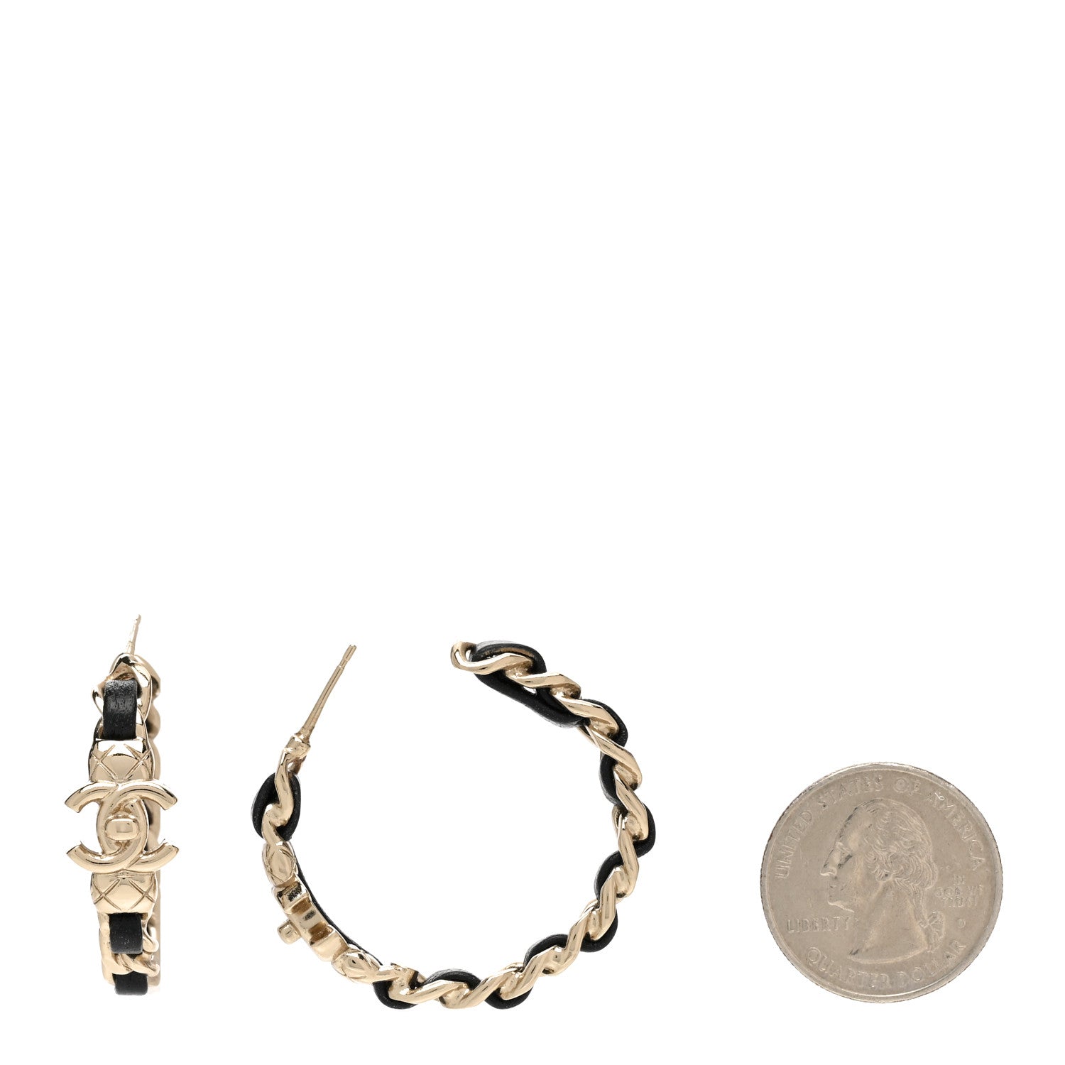 Chanel Metal Lambskin Quilted CC Turnlock Chain Hoop Earrings Gold Black 2 of 5