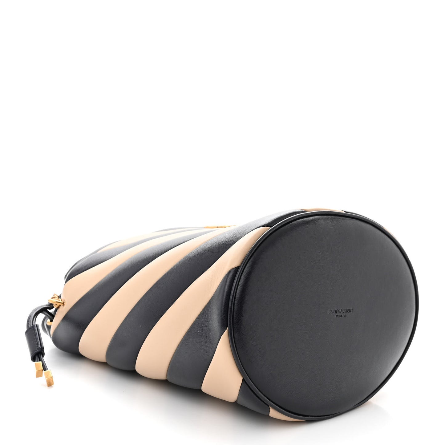 Lambskin Striped Drawstring Bag Black Beige