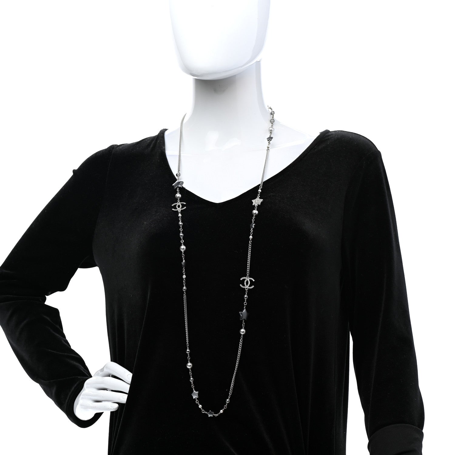 Chanel Pearl CC Star Long Necklace Silver 2 of 6