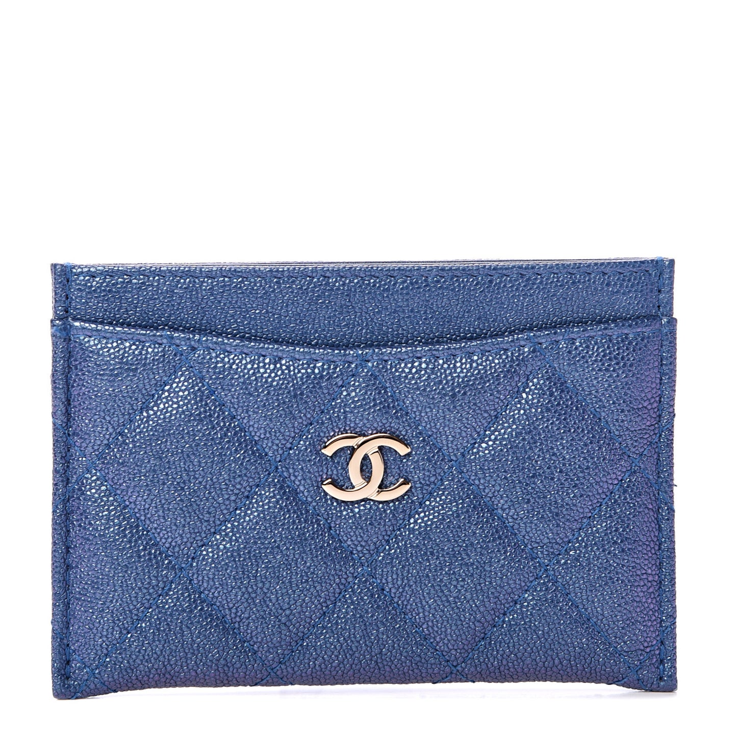 Iridescent Caviar Quilted Card Holder Dark Blue
