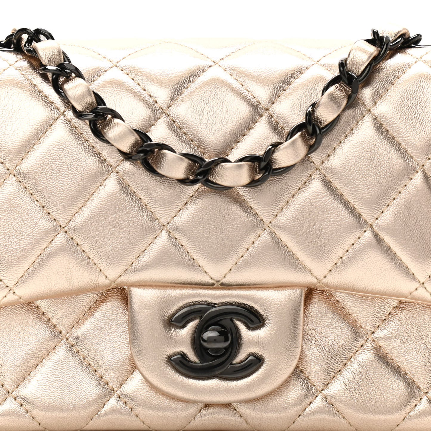 Metallic Lambskin Quilted Mini Square Flap Gold Black