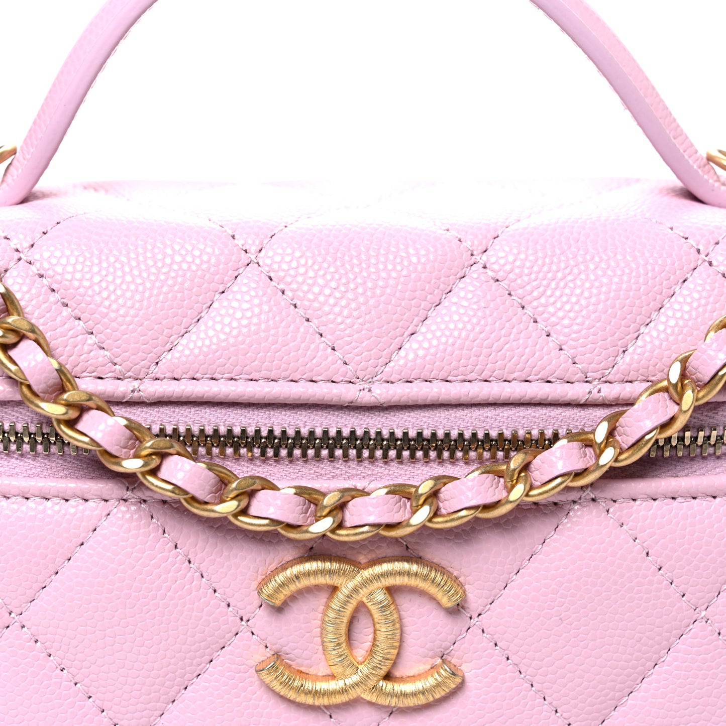 Caviar Quilted Textured CC Top Handle Slim Vanity With Chain Light Pink