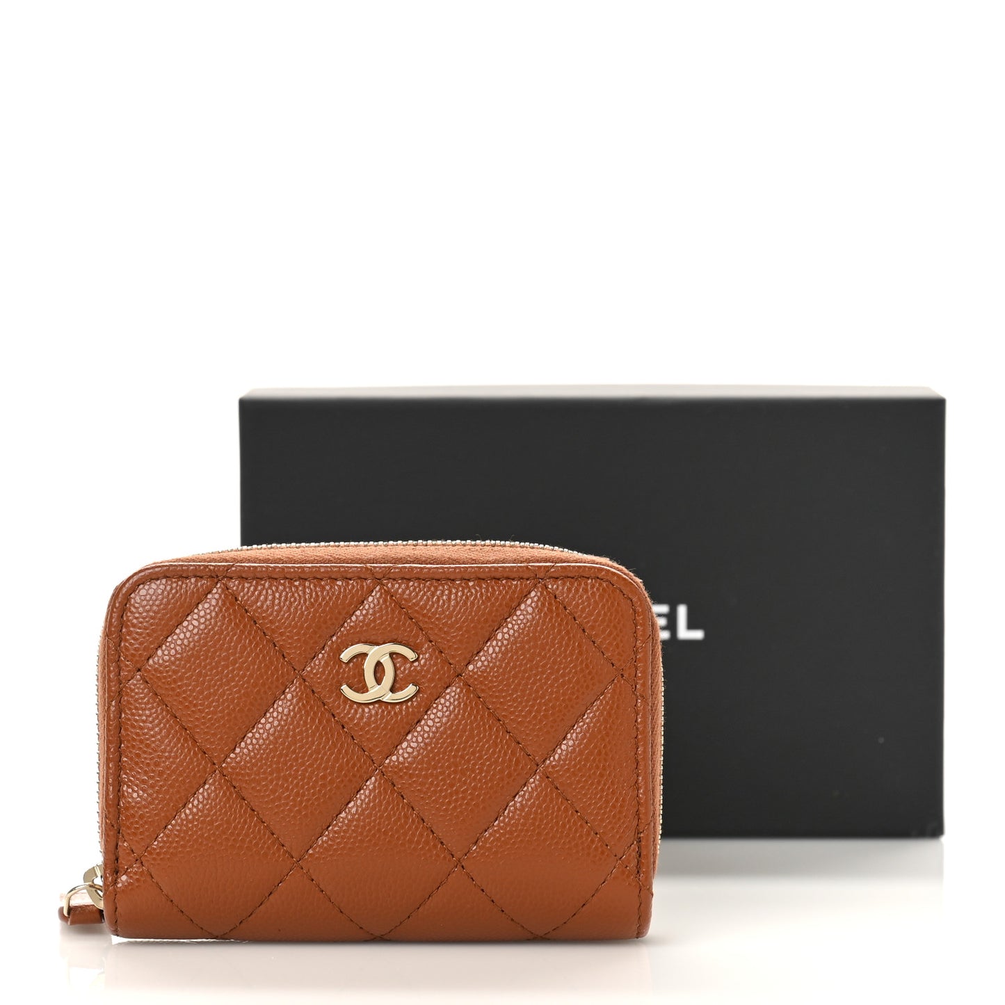 Caviar Quilted Zip Around Coin Purse Wallet Light Brown