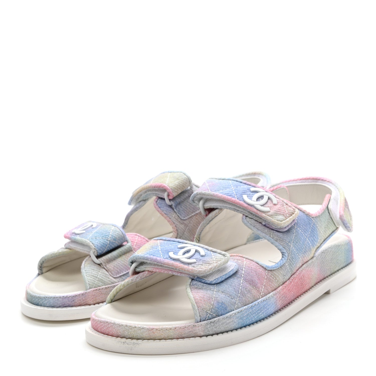 Chanel Printed Fabric Quilted Dad Sandals 40 Green Pink Blue 3 of 9