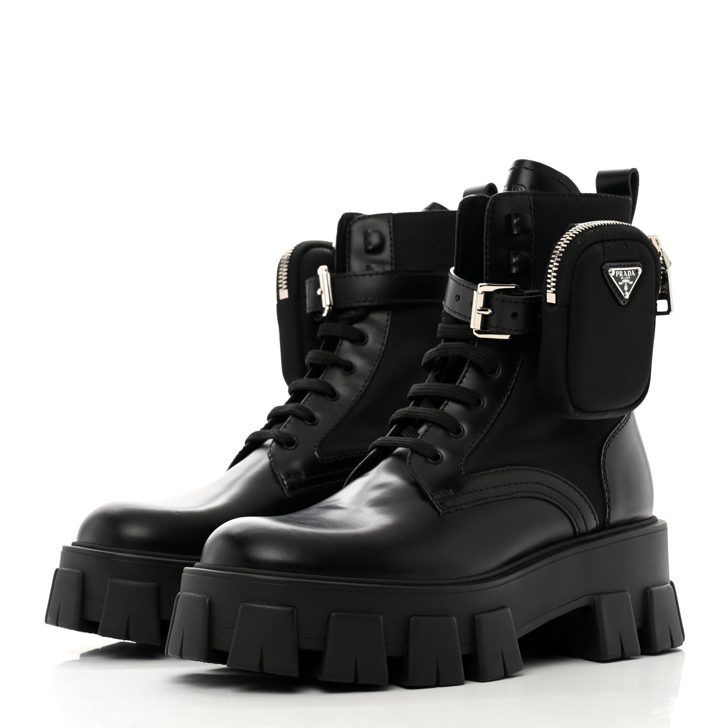 Prada Spazzolato Rois Nylon Metal Triangle Logo Monolith Pouch Pocket 55mm Boots 37.5 Black 3 of 9