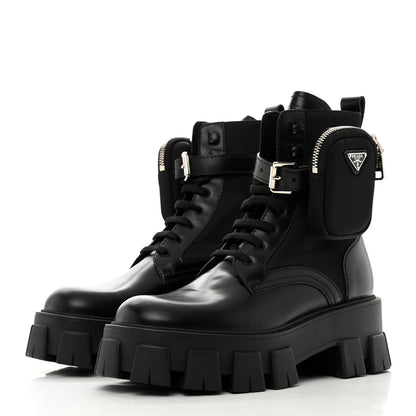 Prada Spazzolato Rois Nylon Metal Triangle Logo Monolith Pouch Pocket 55mm Boots 37.5 Black 3 of 9