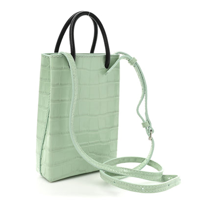 Balenciaga Shiny Calfskin Logo Crocodile Embossed Shopping Phone Holder Bag Light Green Black 3 of 12