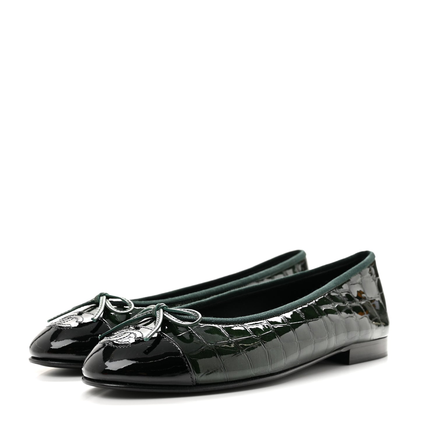 Patent Calfskin Crocodile Embossed Ballerina Flats 38 Dark Green Black