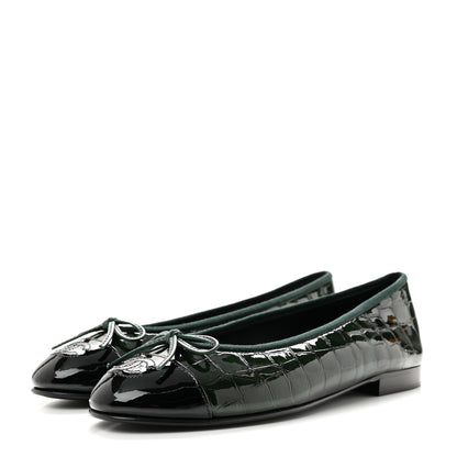 Chanel Patent Calfskin Crocodile Embossed Ballerina Flats 38 Dark Green Black 4 of 10