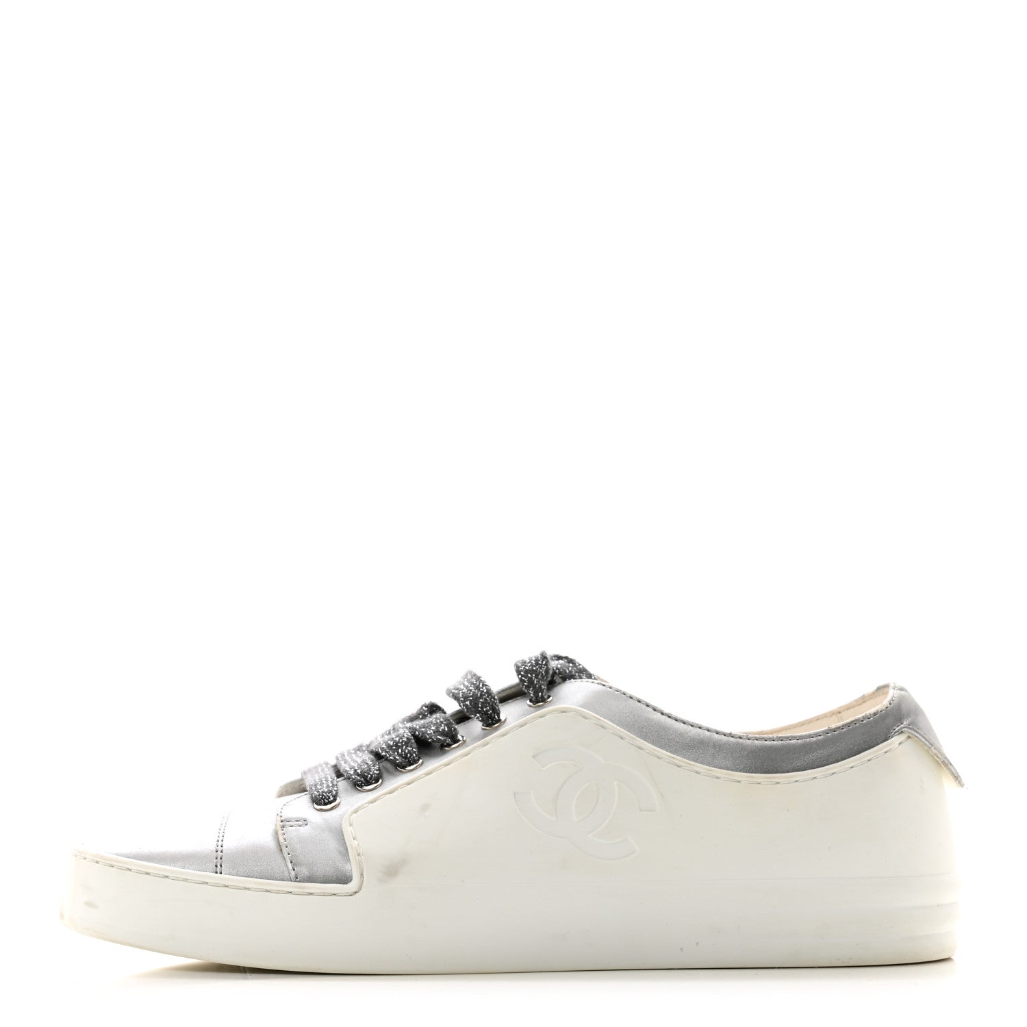 Chanel Calfskin Velvet Womens CC Sneakers 39.5 White Silver 1 of 9