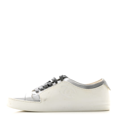 Chanel Calfskin Velvet Womens CC Sneakers 39.5 White Silver 1 of 9