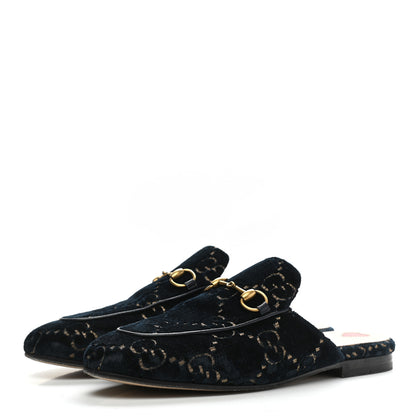 Gucci Velvet GG Monogram Womens Princetown Slippers 37 Blue Beige 3 of 9